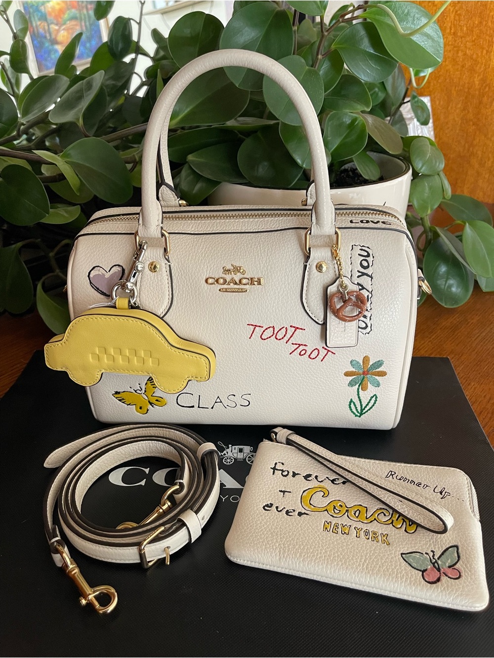 Coach Rowan Satchel Bag in Sketch Print with NWT Coach Bag Charms